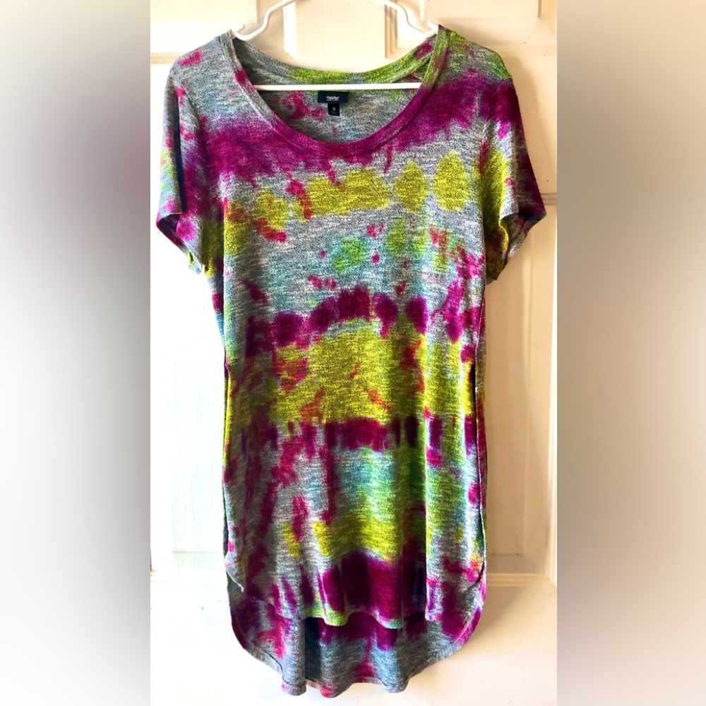 Vintage Mossimo Magenta Purple Yellow Gray Tie Dye Slit Side Tunic Sweater Small